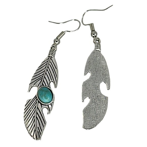Feather-Shaped Silver Earrings With Turquoise Stone Accents - Picture 4 of 5
